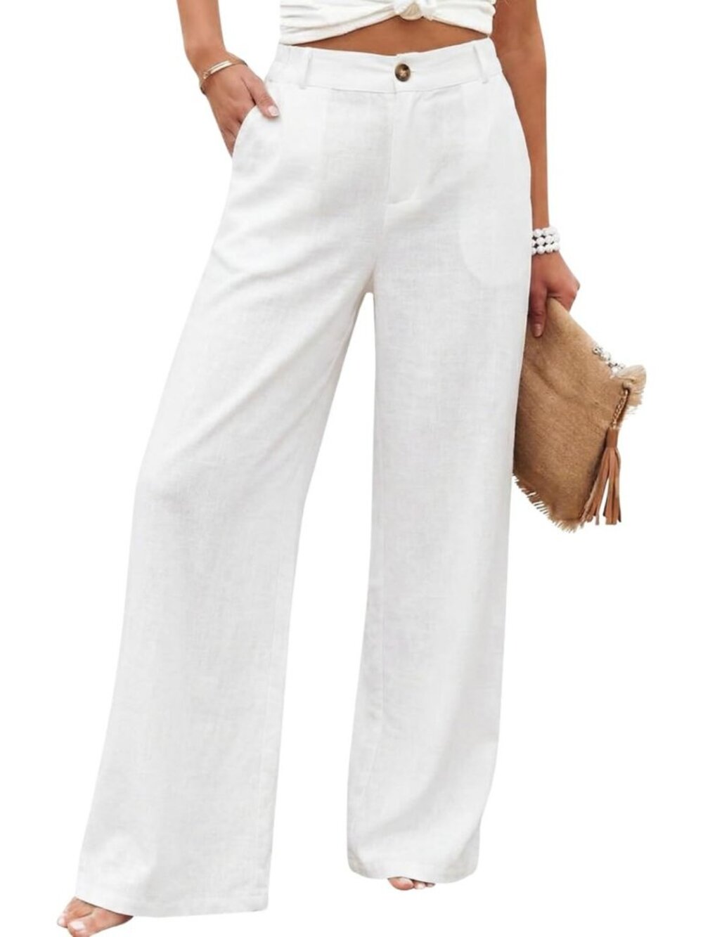 Casual High Waisted Wide Leg Trousers | Women's Cotton Linen Button-Up Pants